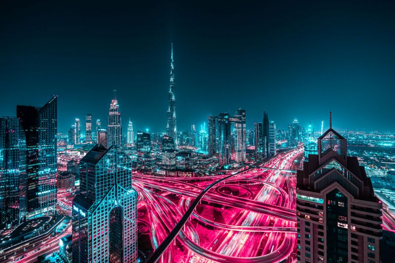 Neon-filled, Blade Runner-style photographs of Dubai at night by Xavier Portela